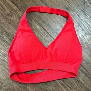 Red Halter sports bra.